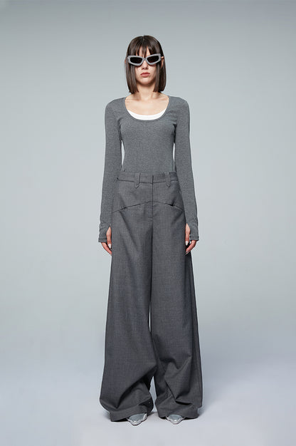 ANNAKIKI Gray Worsted Wool Wide-leg Pants Casual Pants-DEMI