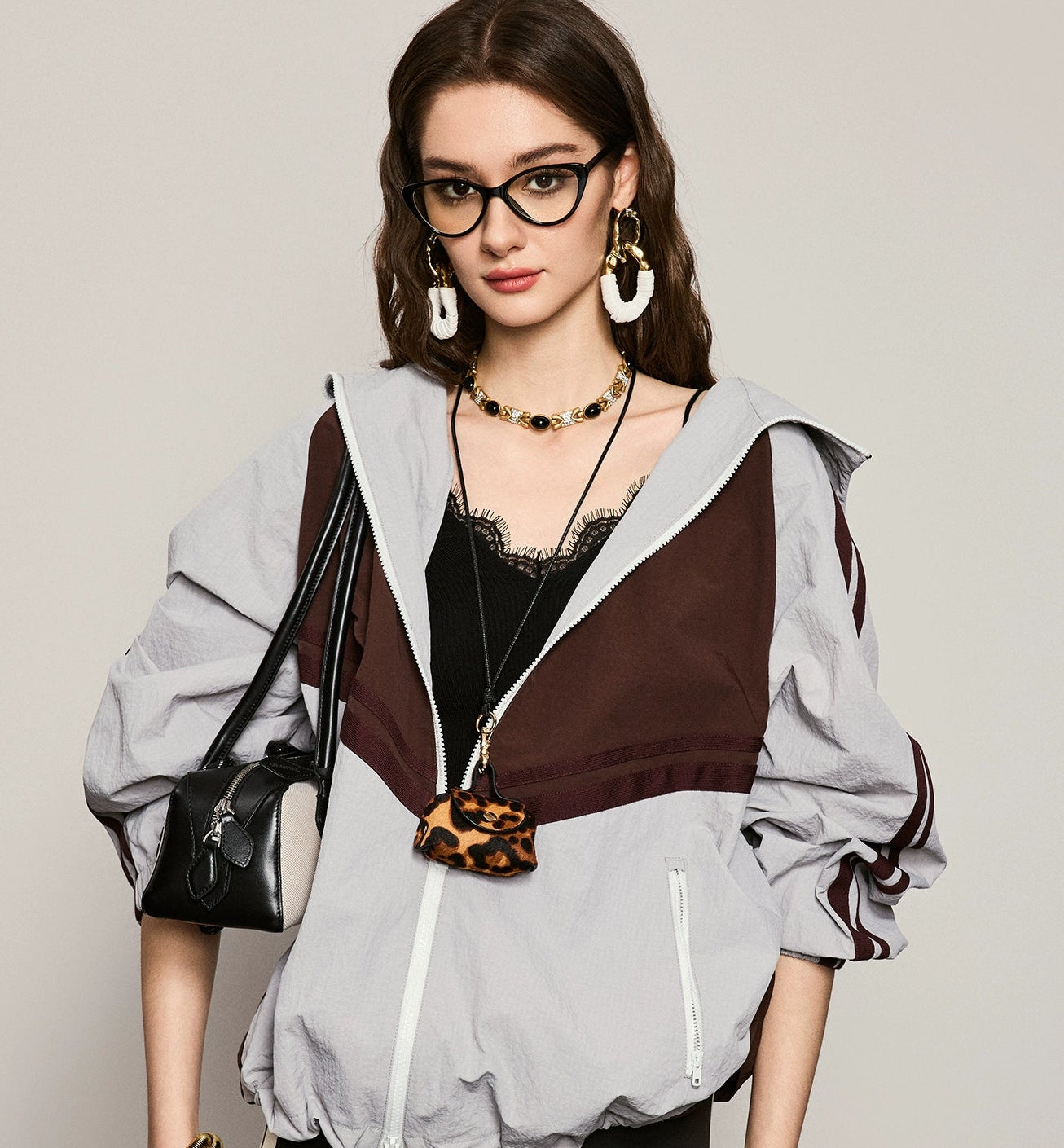 ANNASPEAK fashionable contrast color loose hooded jacket-KIM.