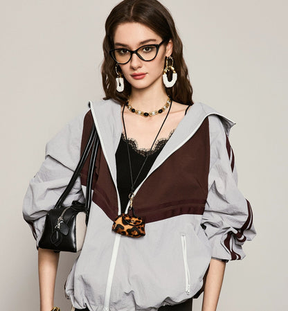 ANNASPEAK fashionable contrast color loose hooded jacket-KIM.