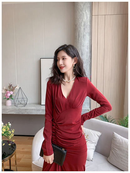 DOLLY Retro Style V-Neck Long Sleeve Pleated Waist Long Slit Dinner Dress-NEYO