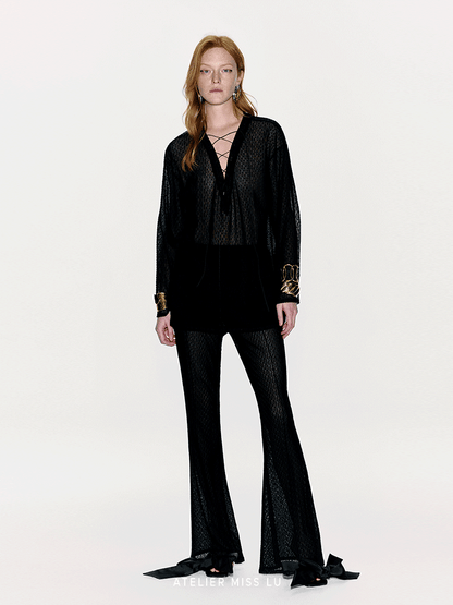 ATELIER MISS LU Flocking Design Sheer Cross-strap Top - KNEAD