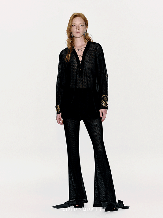ATELIER MISS LU Flocking Design Sheer Cross-strap Top - KNEAD