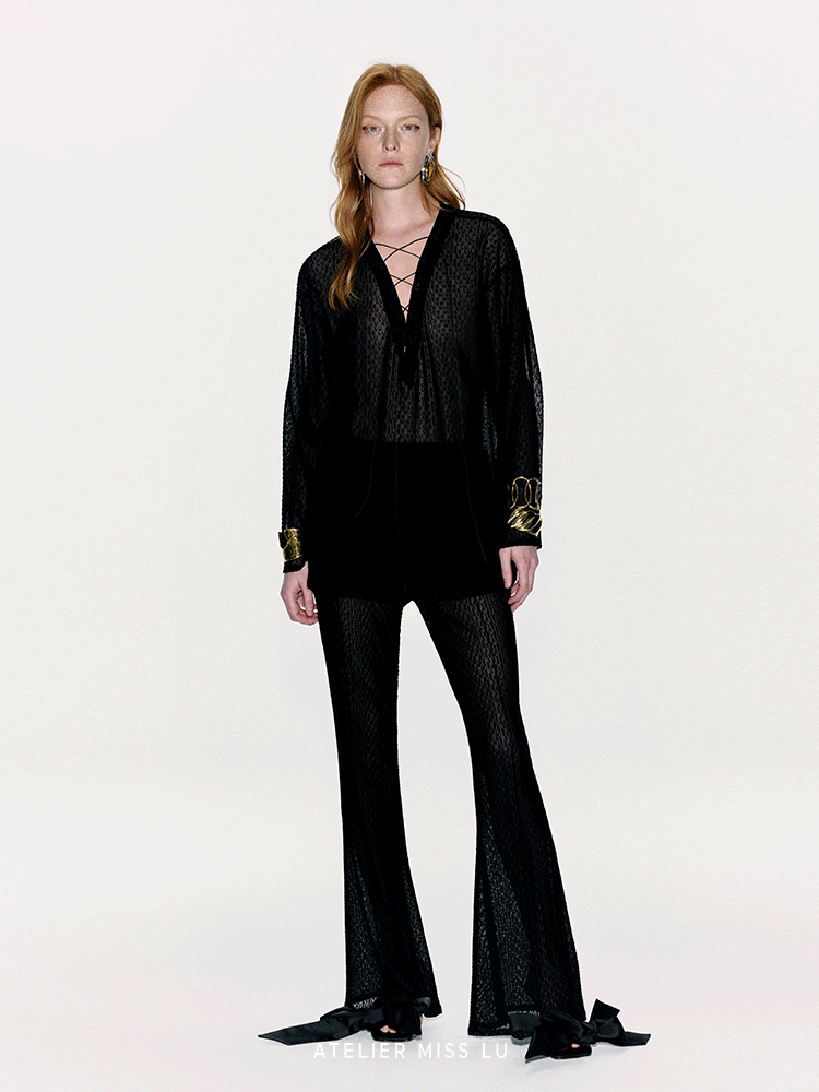 ATELIER MISS LU Flocking Design Sheer Cross-strap Top - KNEAD.