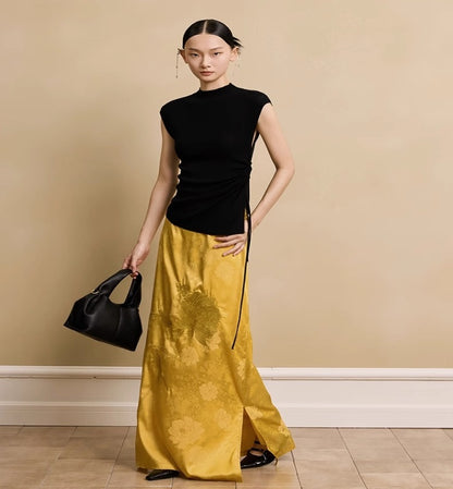 HECO Acetate Peony Jacquard Embroidery Side Slit Maxi Skirt  - SMART.