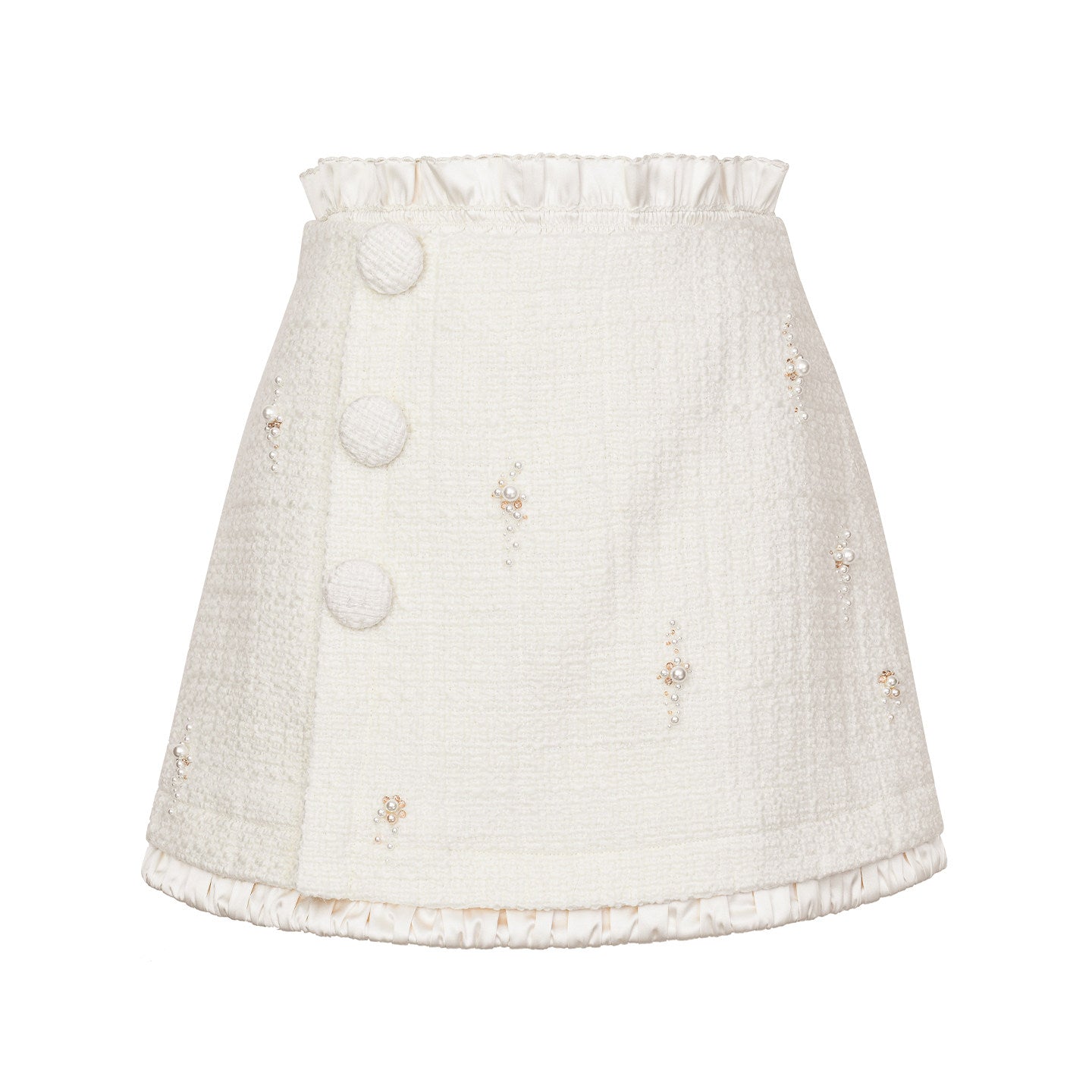 FAME Milky White Flower Beaded Embroidered Tweed Short Skirt - ADA.