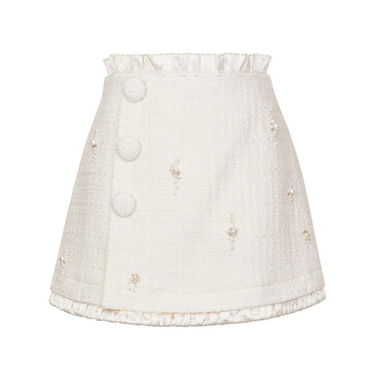 FAME Milky White Flower Beaded Embroidered Tweed Short Skirt - ADA.