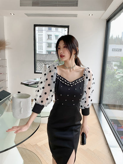 DOLLY Luxury Black Retro Style V-Neck Polka Dot Long Sleeve Slim Fit Dress-DEL