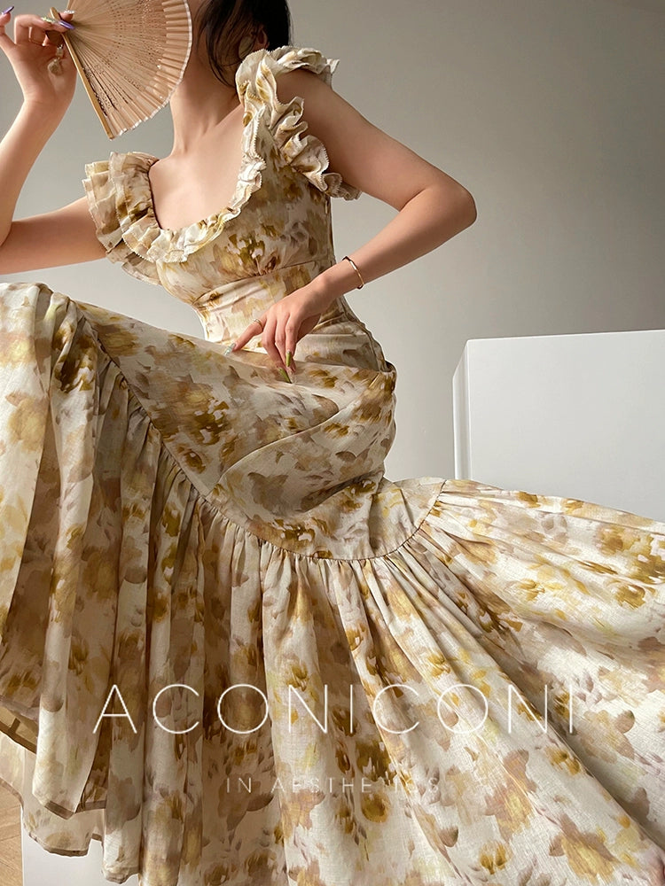 Aconiconi Elegant U-Neck pleated Short Sleeve Tea Dinner Date Dress- Ginger Flower Summer Aconiconi Elegant U-Neck pleated Short Sleeve Tea Dinner Date Dress- Ginger Flower Summer