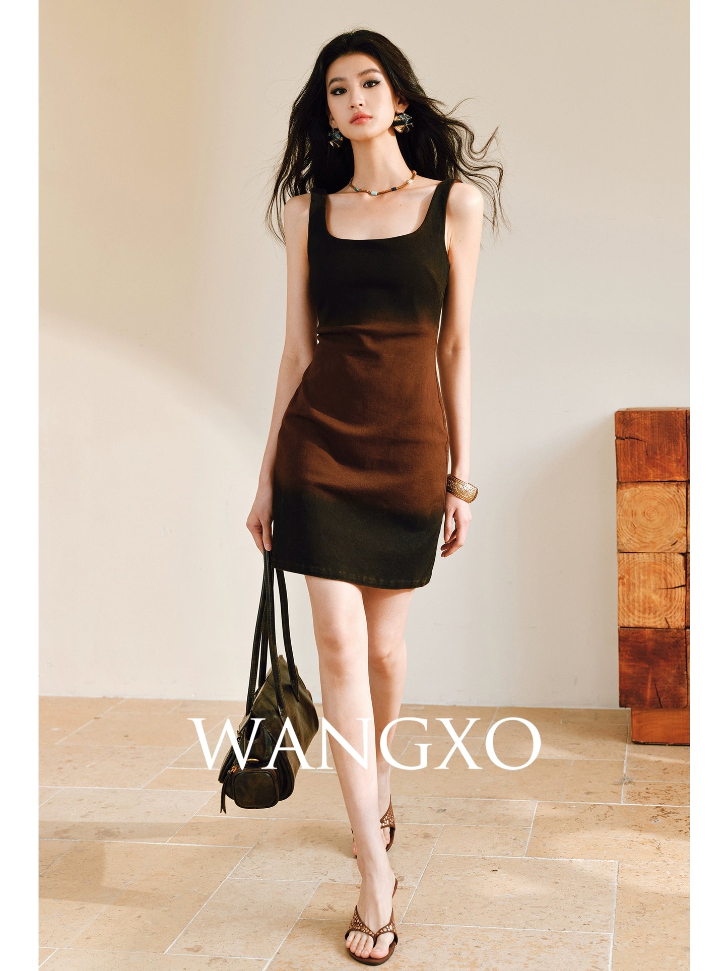WANGXO |Long-Staple Cotton Neckline and Waist-Cinched Cropped Denim Dress -LANA