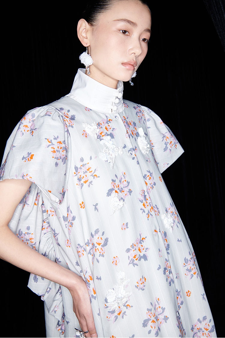 M essential Mackay designer Jinghe Printing floral nail bead puff sleeve dress - HAPPY.