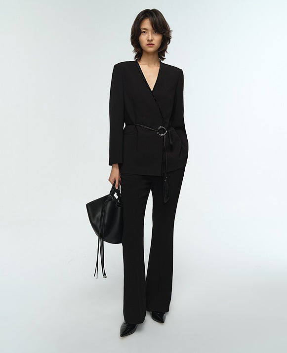 COMME MOI Lu Yan Designer New Women's Acetate V-Neck Waist Rope Slim Suit - BAKA.