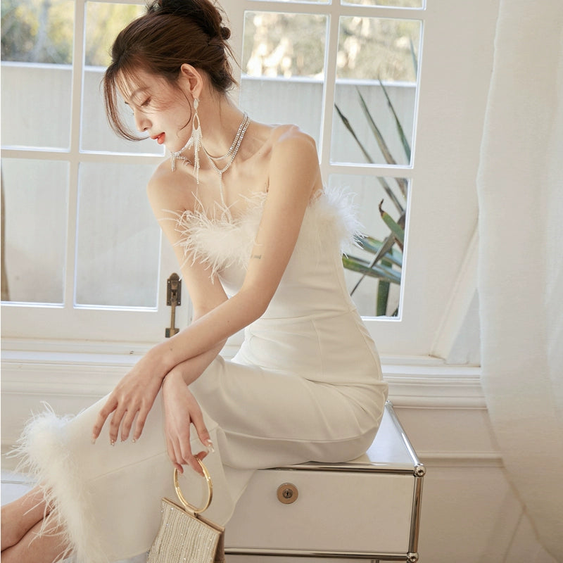 DOLLY Luxury White French Style Sleeveless Feather Tube Top Long Party Dress-HEIDI