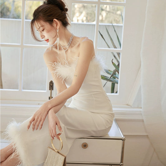 DOLLY Luxury White French Style Sleeveless Feather Tube Top Long Party Dress-HEIDI