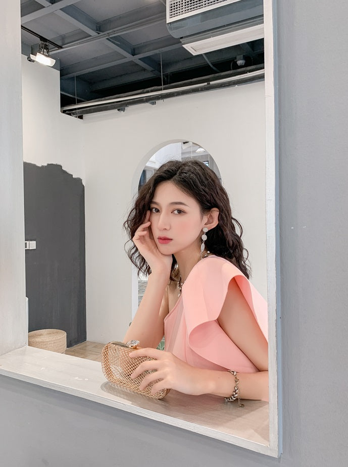 DOLLY Luxury French Style Ruffle One Shoulder Hip Hug Midi Dinner Dress-JEHO