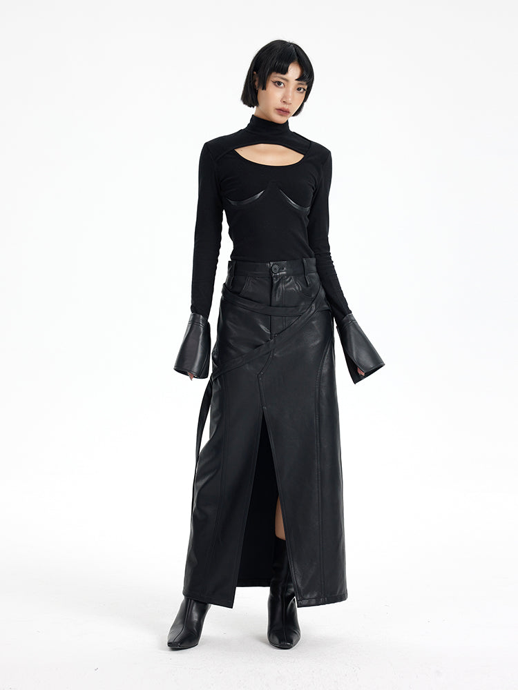 TINY IN black knit PU leather cuff top - SONO.