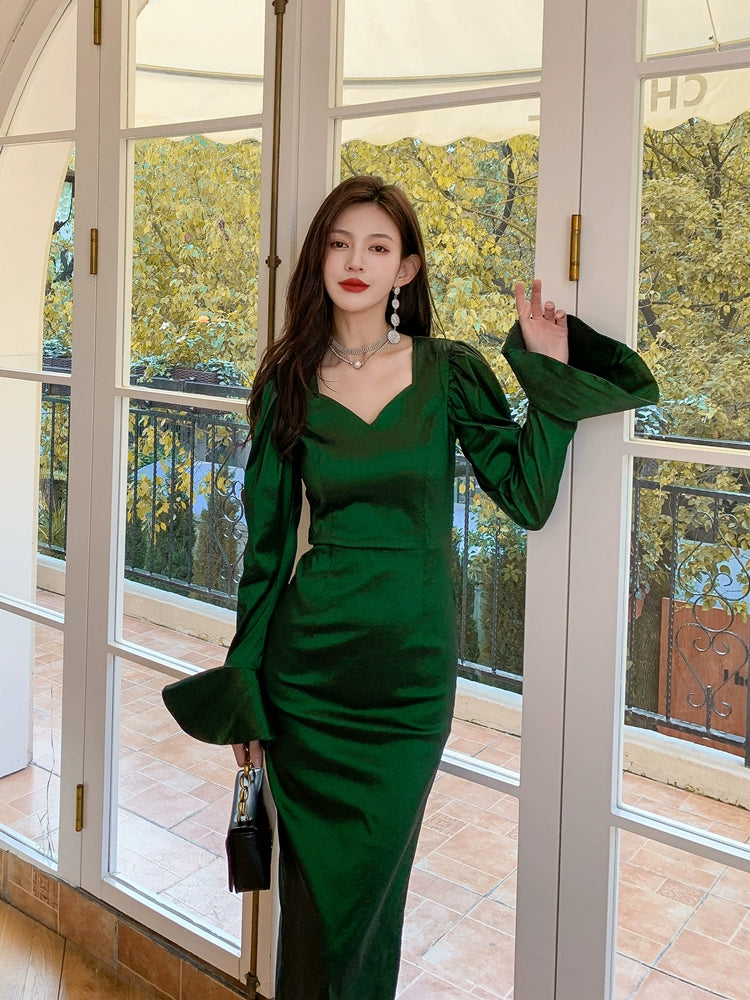 DOLLY High End Green Square Collar Long Sleeve Slim Fit Long Dress-MALU