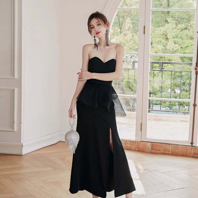 DOLLY Luxury Black Retro Chest Wrap Sleeveless Off Shoulder Long Dinner Dress-ALVINA