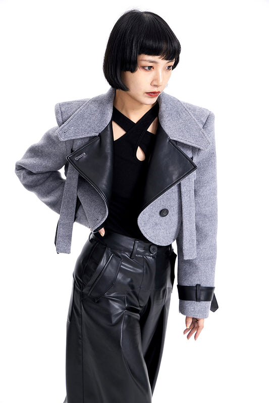 TINY IN leather stitched cropped women's wool jacket -DEKU