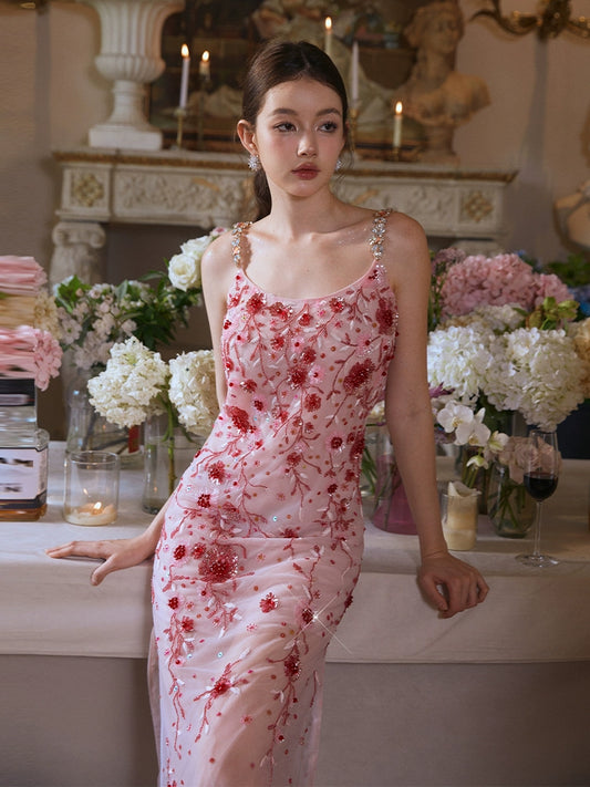 Wardrobes by Chen Luxury Pink Diamond red flower Beaded Dress-Bren