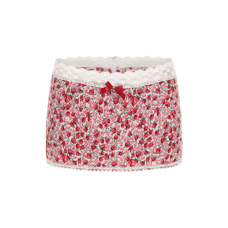 Le Palais Vintage Retro Spice Girl Red Floral Short Low-waisted Skirt-DJO.