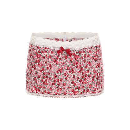 Le Palais Vintage Retro Spice Girl Red Floral Short Low-waisted Skirt-DJO.