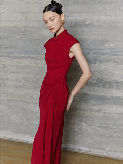 HECO acetate elegant red modified cheongsam dress women - leave.