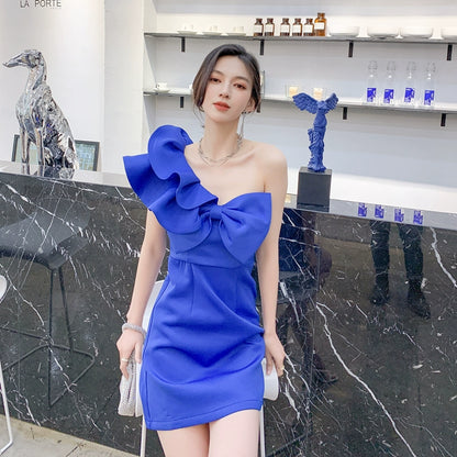 DOLLY Luxury Slant Collar Sleeveless Big Bow Ruffle Short Birthday Dress-MAYE