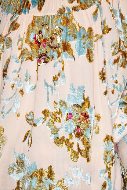 M essential Mackay designer Qili burnt floral velvet dense pleated lace-up loose top - PETER.