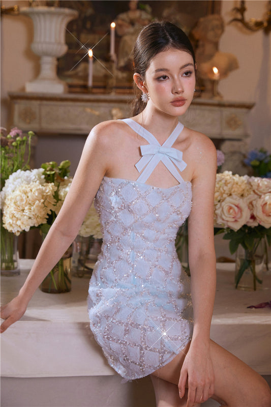 Wardrobes by Chen Elegant pastel Blue Beaded Sequin Butterfly Halter Dress- Gina