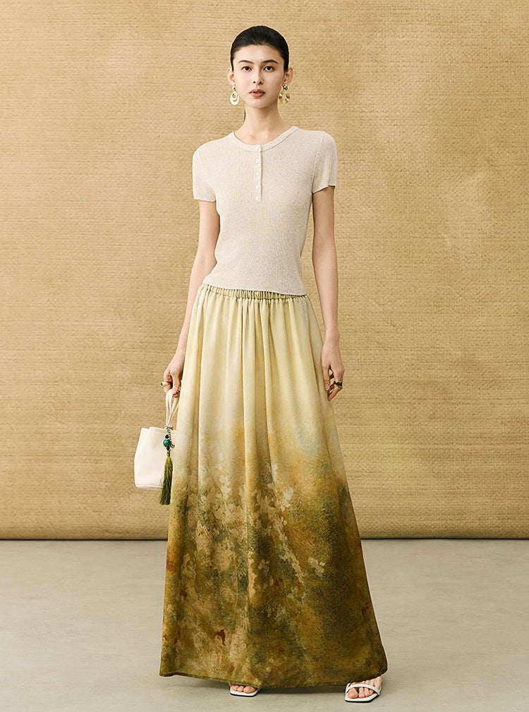 HECO Chinese Gradient Blended Lightweight Summer Print High-Waisted Skirt - AVEL.