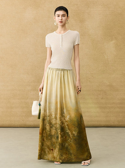 HECO Chinese Gradient Blended Lightweight Summer Print High-Waisted Skirt - AVEL.