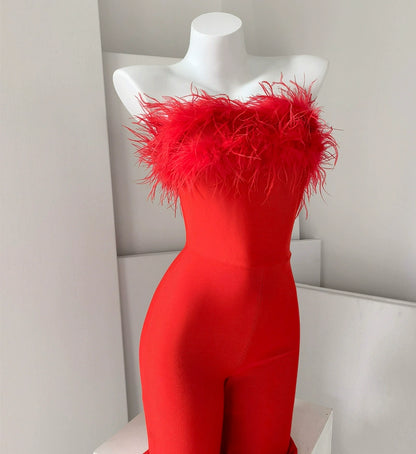 DOLLY High End Black Sleeveless Feather Tube Top Long Flared Pant Jumpsuit-PALMER