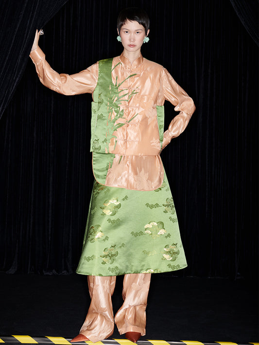 M essential Mackay's designer orchid puffer gilet shirt skirt Pant set - three.