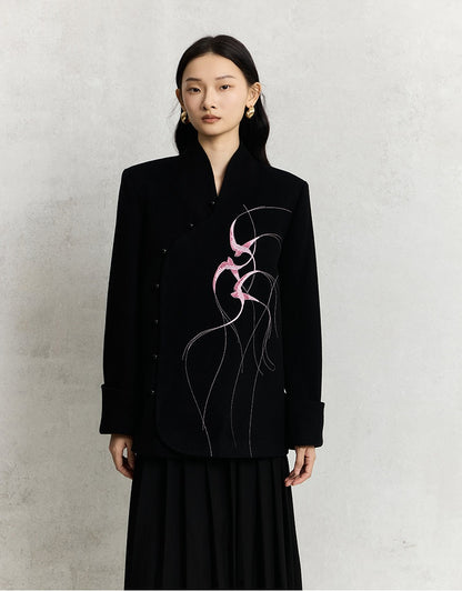 HECO Swallow embroidery tweed black Jacket Women - sinc.