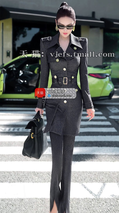 VJE slim trench coat jacket micro flared pants two-piece outfit set-YAN.
