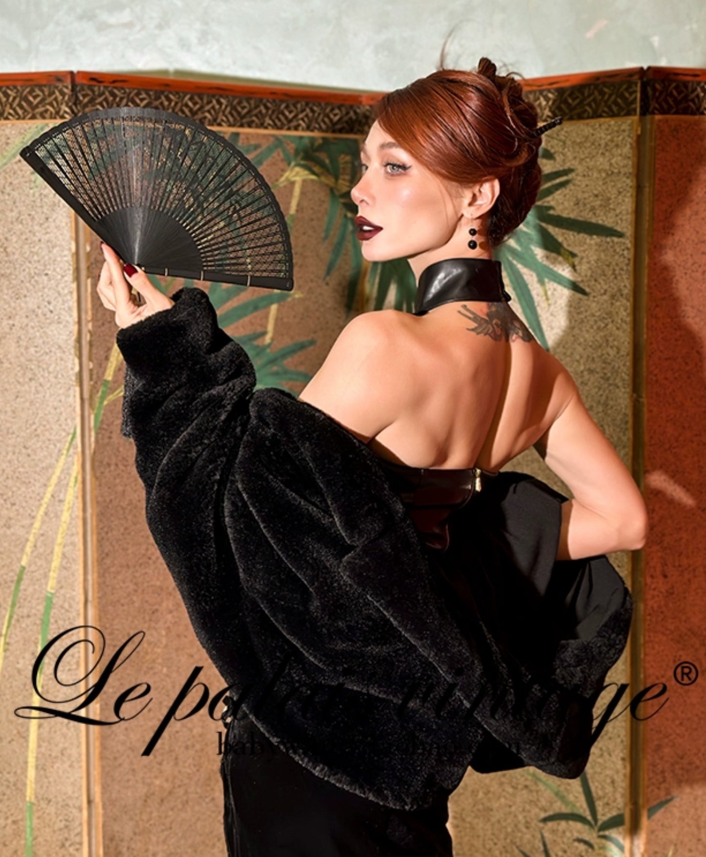 Le Palais Vintage High End Black Leather New Chinese Top + High-waisted Hip Leather Flared Pants-Zhuri.