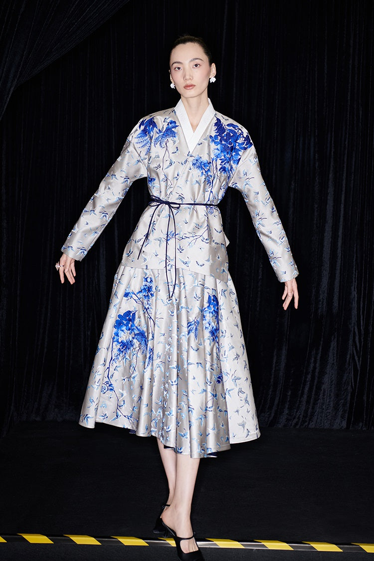 M essential Mackay designer butterfly dance jacquard blue vine and butterfly coat - WEST.