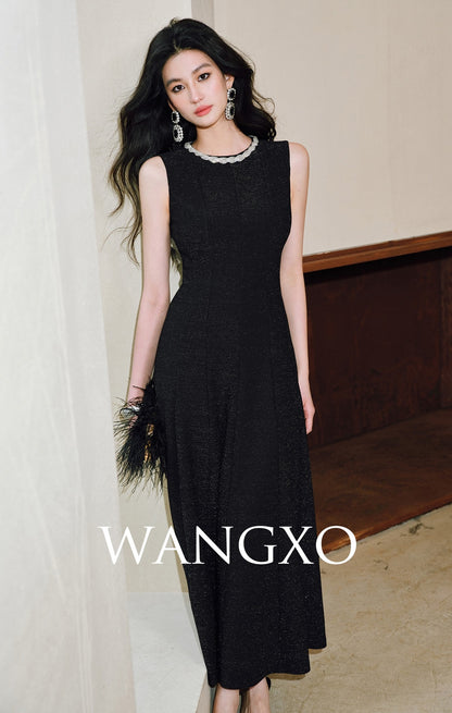 WANGXO | Sequin Silk Knit Dress with Vertical-Cut Waist A-Line Hem  SÉLI.