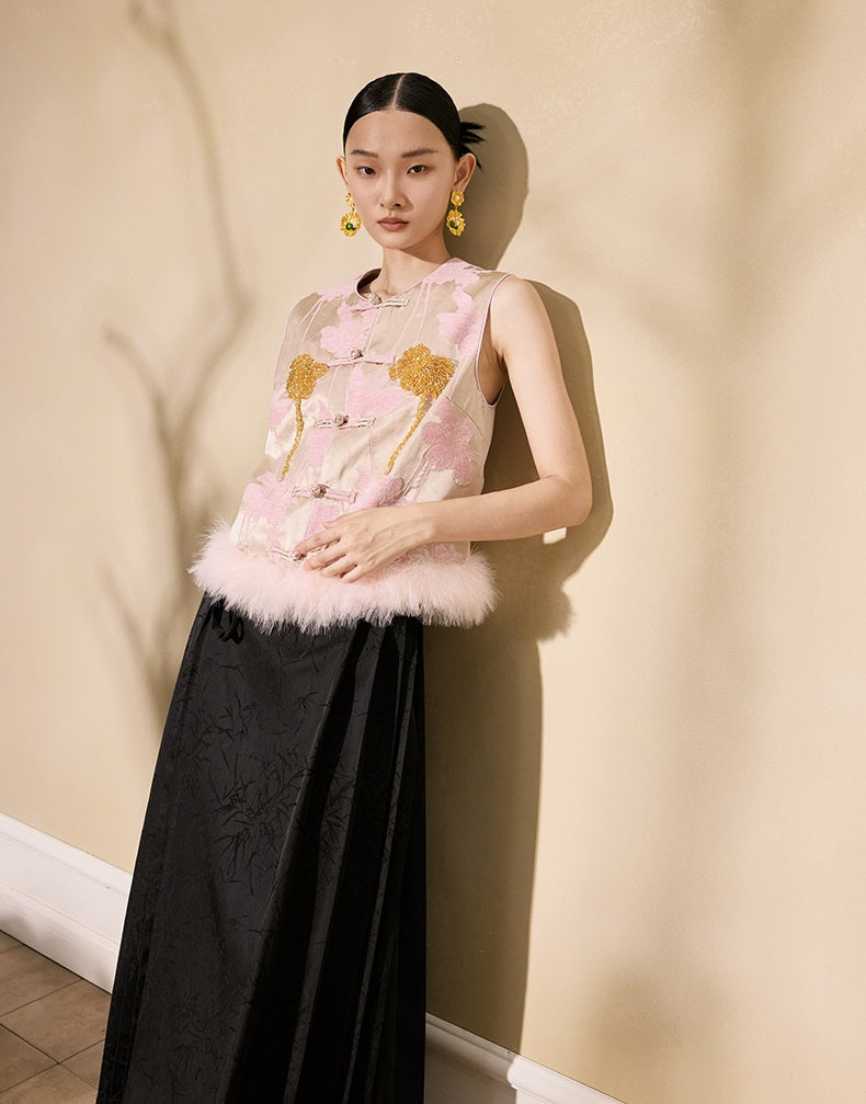 HECO 100% polyester Buckle Bead Embroidered pink apricot Round Neck Vest - spark.