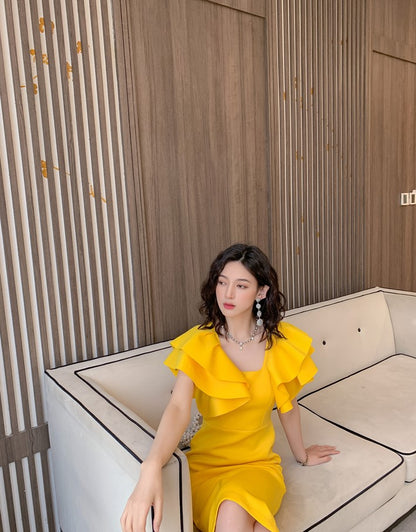 DOLLY Elegant Square Collar Ruffle Short Sleeves Slim Fit Midi Office Dress-HELEN