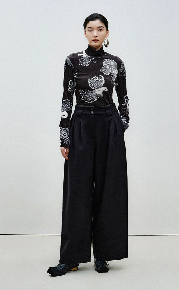 ZHUCHONGYUN Stork Print Slim Suede high neck long sleeve top-HOHEN.