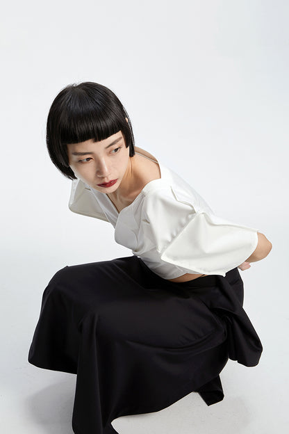 Tiny in three-dimensional square sleeve cross collar tie irregular shirt top women's short -CAM