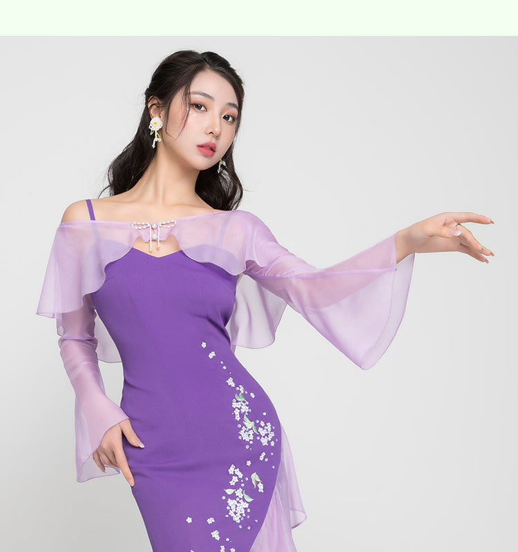 Magic Q ruffle sleeves shawl hydrangea embroidered beaded panel chiffon slip dress set