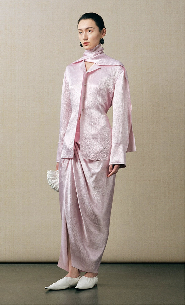 ZHUCHONGYUN irregular long sleeve shirt and ruched long skirt outfit set-REINER.
