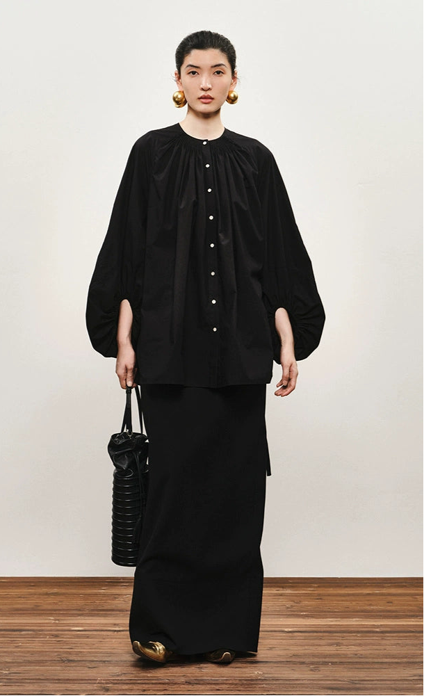 ZHUCHONGYUN Cotton Black Pinch Pleated Loose Straight Shirt--CHIDOME.