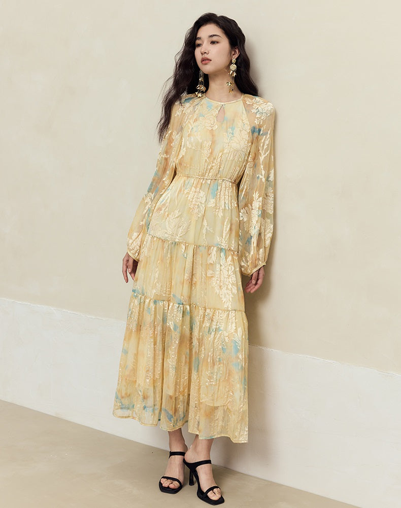 HECO silk peony burnt flower pendulum long-sleeved dress women - healer.