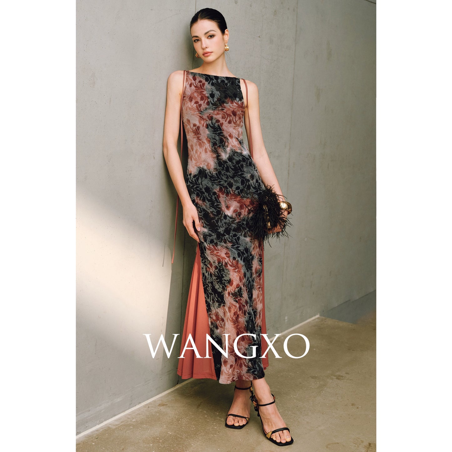 WANGXO | Artistic Ink Smudge Flora Knit Patchwork Contrast Tulle One-Shoulder Fishtail Dress with Flowing Gradient Drama -XINA
