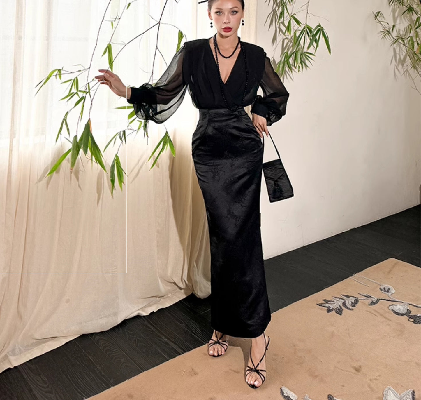 Le Palais Vintage Luxury Black Deep V-Neck Mesh Long Sleeve Top + Long Skirt-LING.