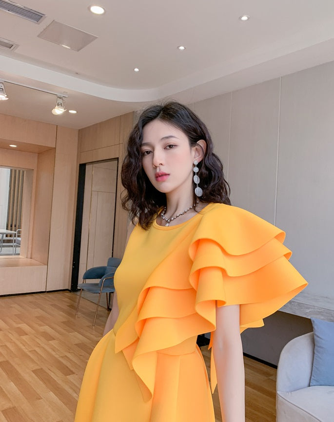 DOLLY Luxury Retro Style Crew Neck One Shoulder Ruffle Sleeves Midi Office Dress-CLAUDI