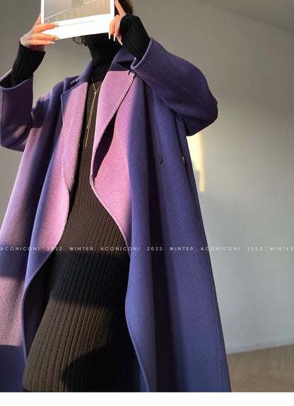Aconiconi Luxury Purple Lapel Long Sleeve Long Straight Winter Coat- Taro